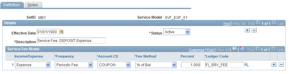 Service Fee Model - Definition page