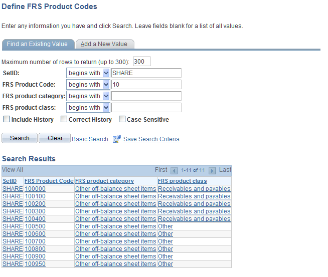 Define FRS Product Codes search page