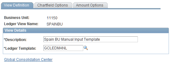 Define Ledger View - View Definition page