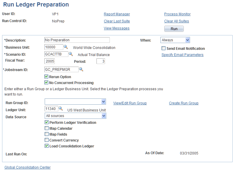 Run Ledger Preparation page for only No Preparation option