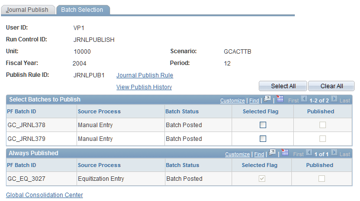 Journal Publish - Batch Selection page