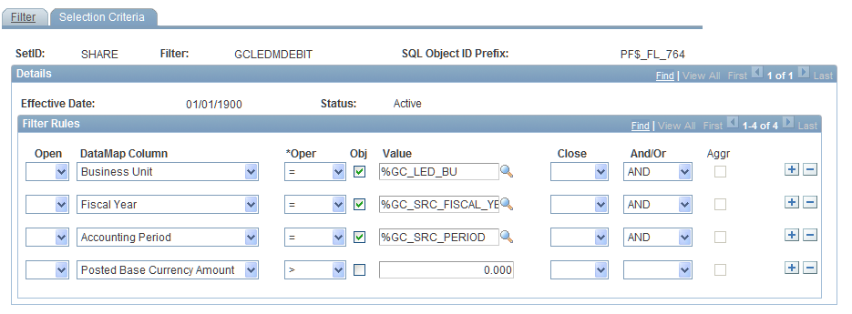 Filter - Selection Criteria page for the GCLEDMDEBIT filter