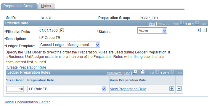 Preparation Group page with the LPREP_TB1 rule attached