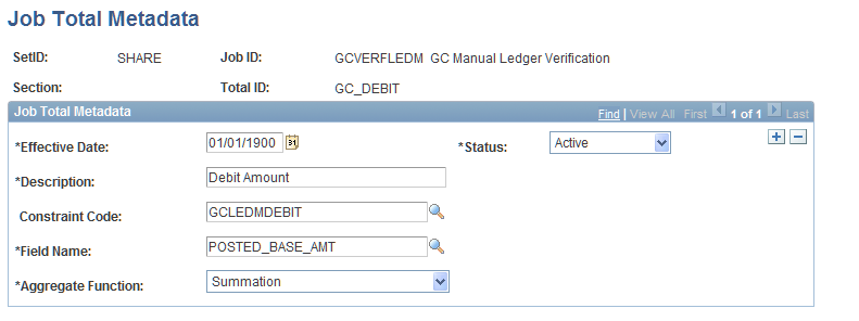 Job Total Metadata page for GC_DEBIT