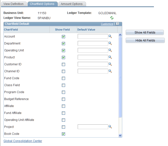 Define Ledger View - Chartfield Options page