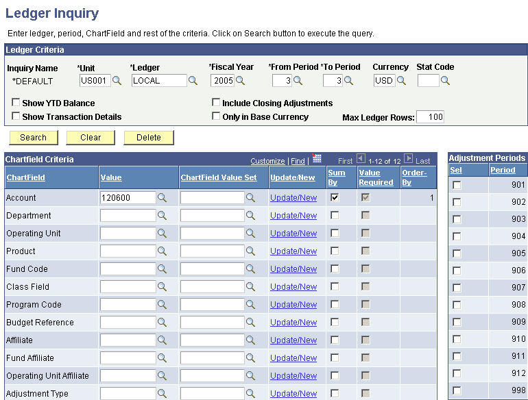 Ledger Inquiry page in PeopleSoft General Ledger after selecting the Drill to GL link