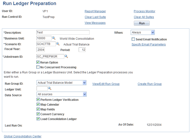 Run Ledger Preparation page