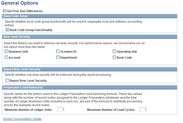 General Options page showing book code functionality enabled and row level security by book code