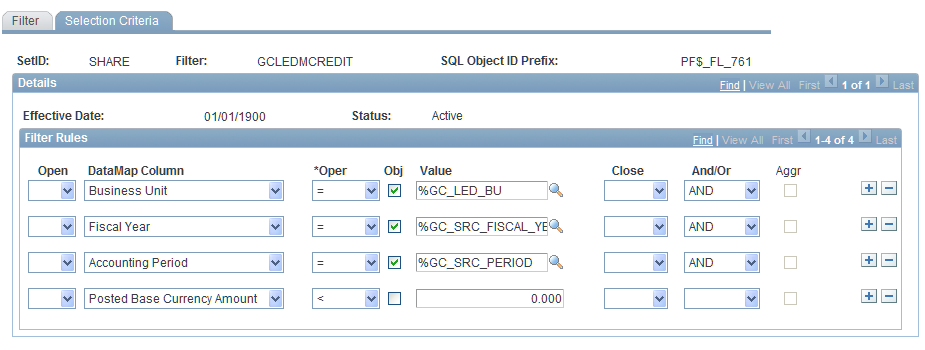 Filter - Selection Criteria page for GCLEDMCREDIT