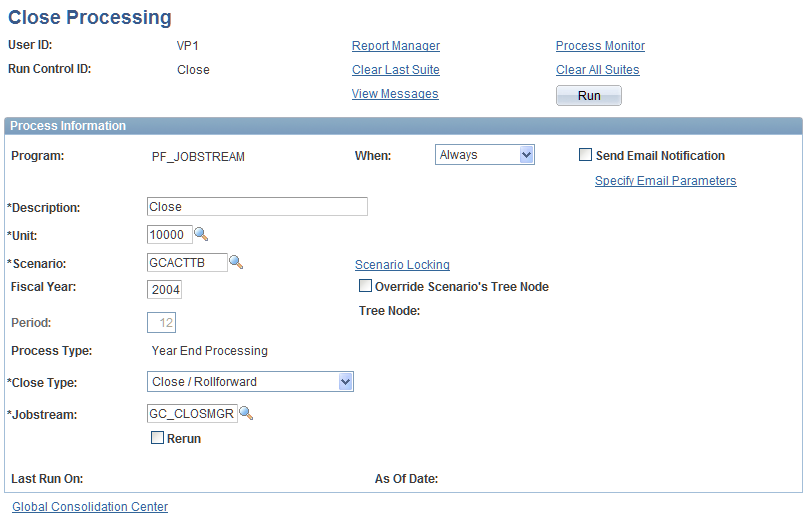 Close Processing run control page