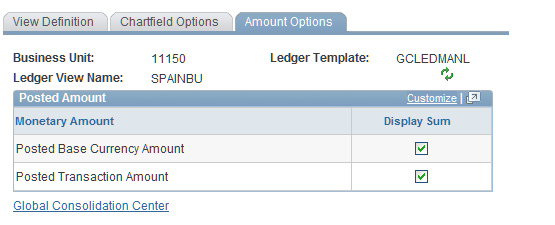 Define Ledger View - Amount Options page