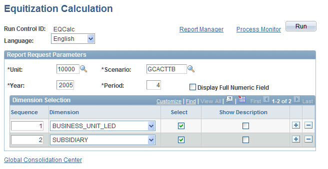 Equitization Calculation report run control page
