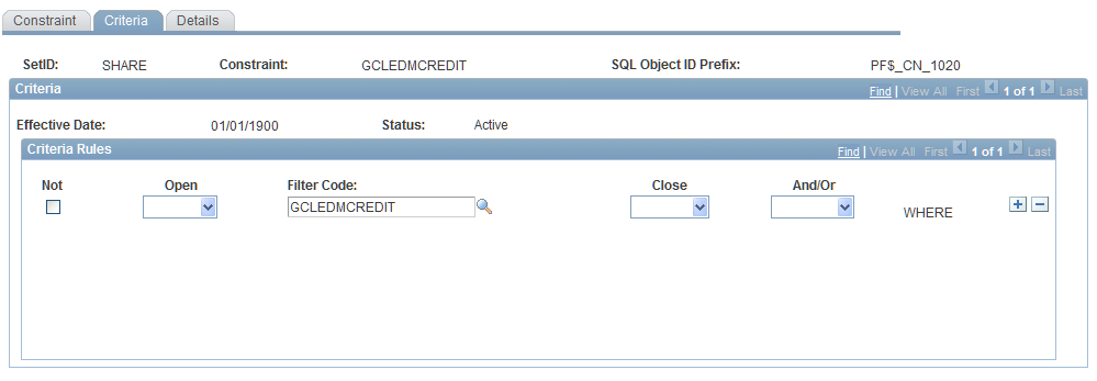 Constraint - Criteria page for GCLEDMCREDIT Filter