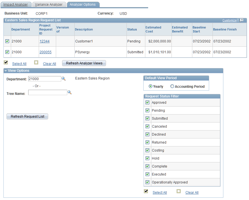 Analyzer Options page