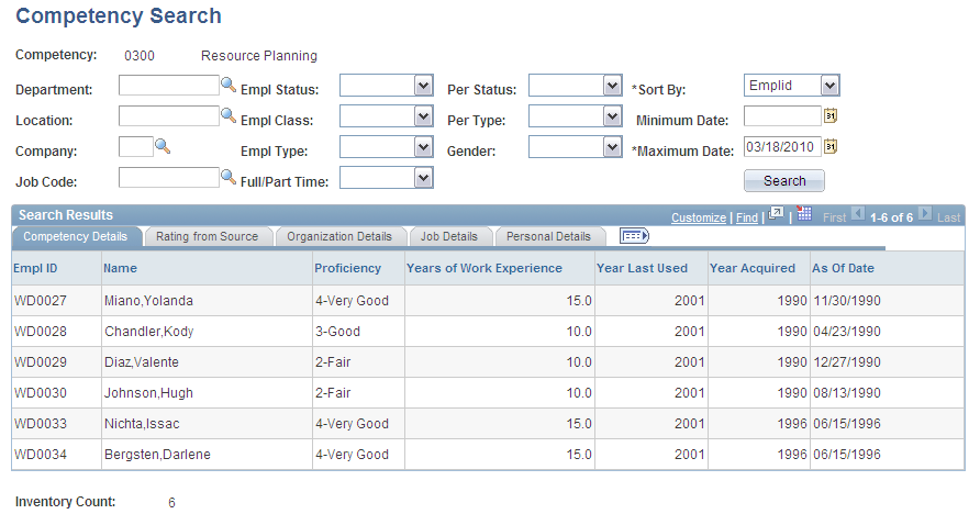 Competency Search page