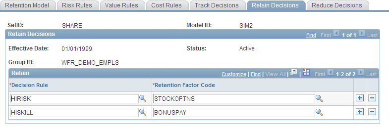 Retention Model - Retain Decisions page