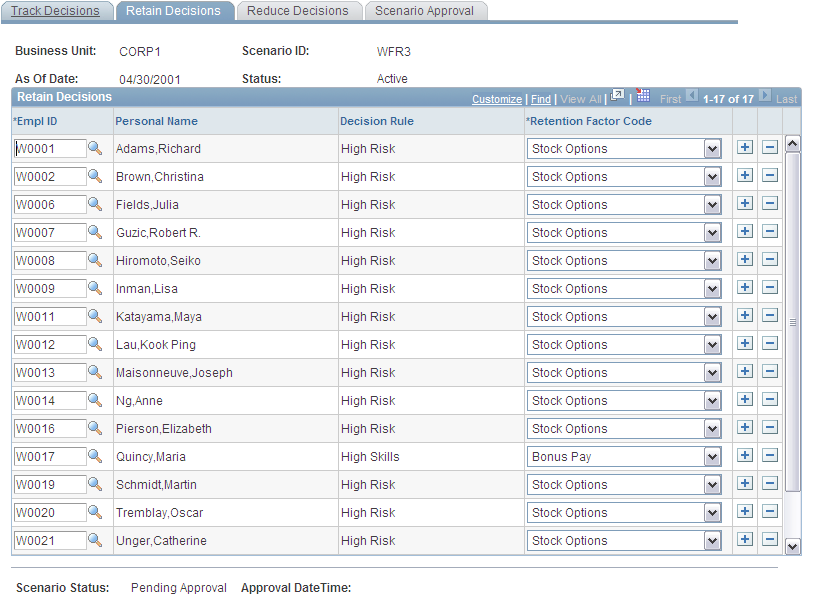 Retention Scenario Approval - Retain Decisions page