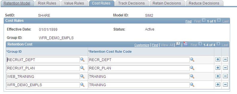 Retention Model - Cost Rules page