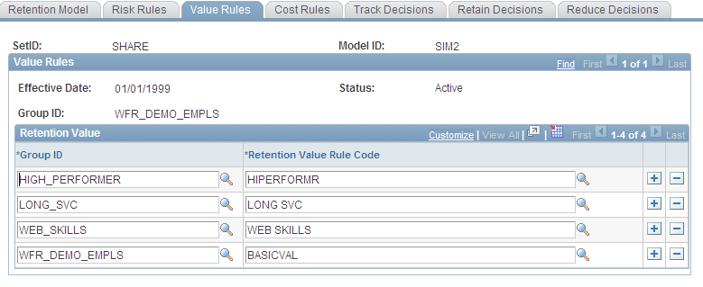 Retention Model - Value Rules page