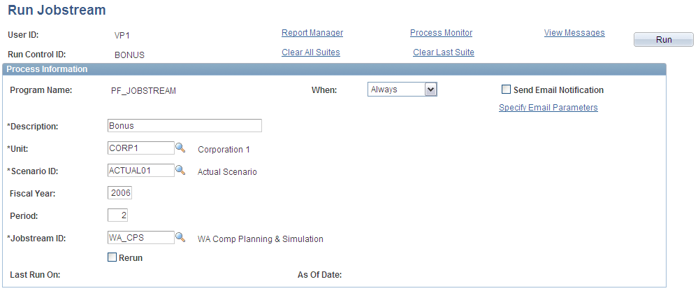 Compensation Planning and Simulation - Run Jobstream page