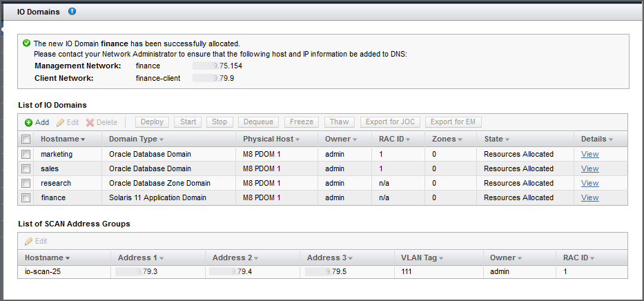 image:A screen shot showing the confirmation screen for a new Application Domain.