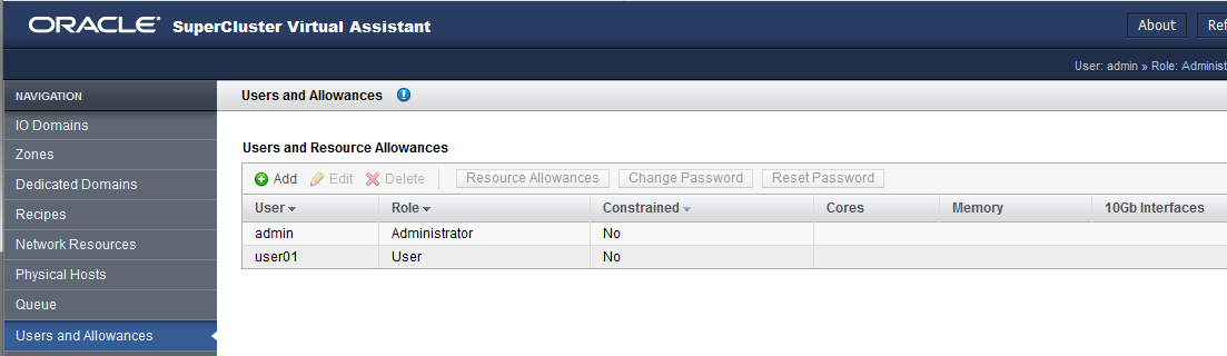 image:A screen shot showing the Users and Allowances screen.