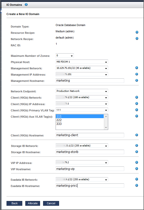 image:A screen shot showing the parameters for a new Database Domain.