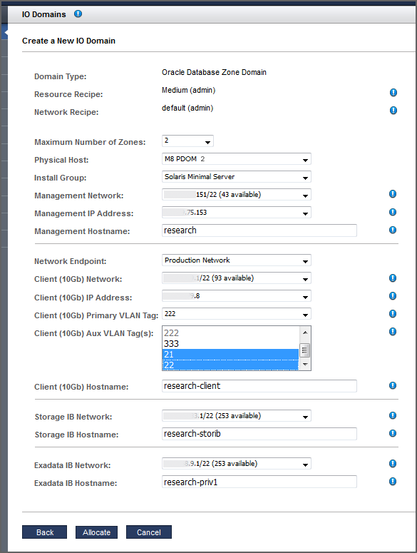 image:A screen shot showing the parameters for a new Database Zone Domain.