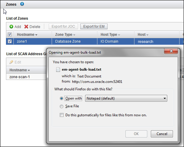 image:Screen shot showing how to export zone information to Enterprise                             Manager.