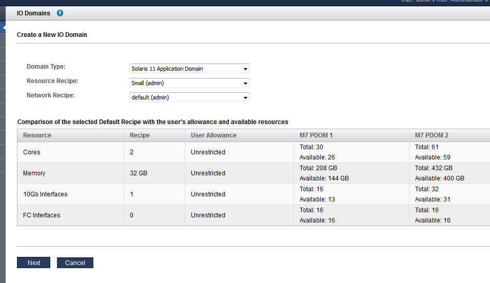 image:リソースが割り当てられた新しい「I/O ドメイン」画面を示すスクリーンショット。