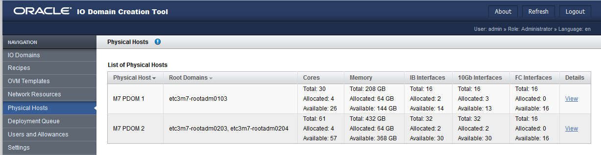 image:「物理ホスト」画面を示すスクリーンショット。