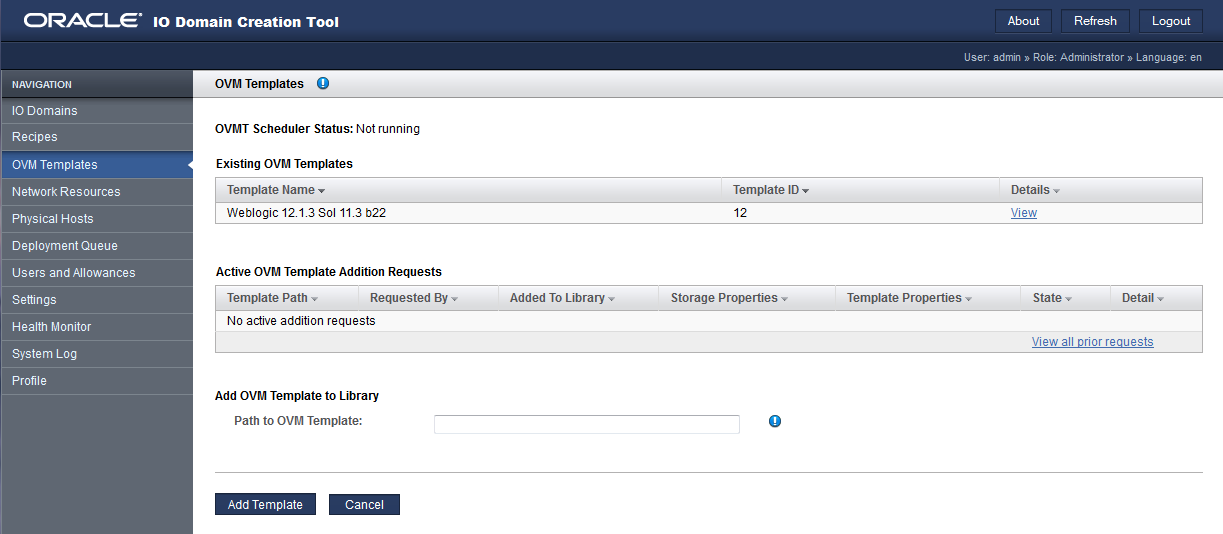 image:「OVM テンプレート」画面を示すスクリーンショット。