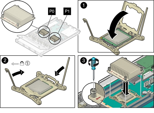 画像: プロセッサの固定フレームを閉じてヒートシンクを取り付ける方法を示す図。