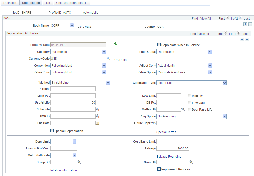 Asset Profiles - Depreciation page