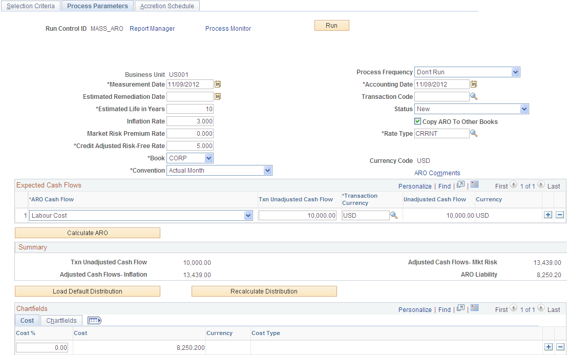 ARO Measurement in Mass - Process Parameters page