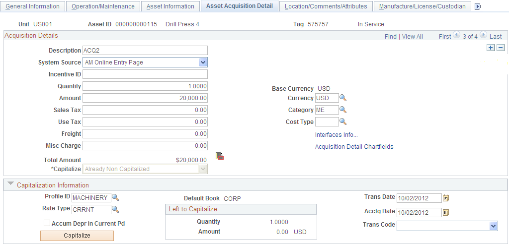 Asset Acquisition Detail page (4 of 6)