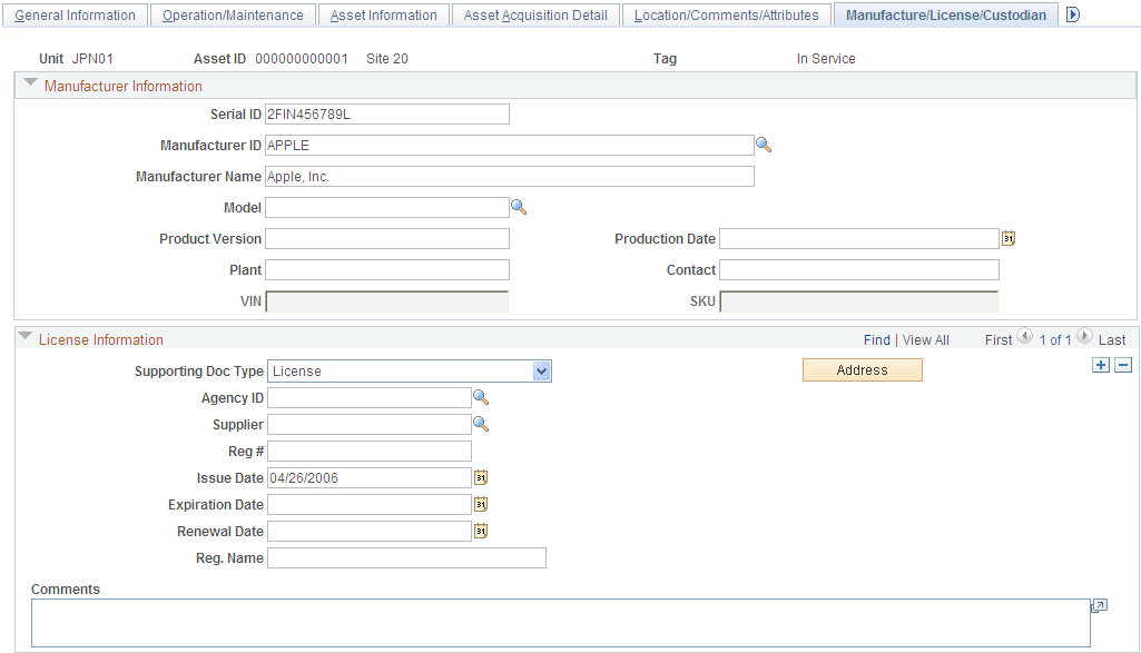 Manufacture/License/Custodian page (1 of 2)