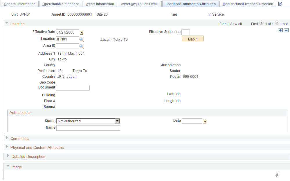 Location/Comments/Attributes page (1 of 2)