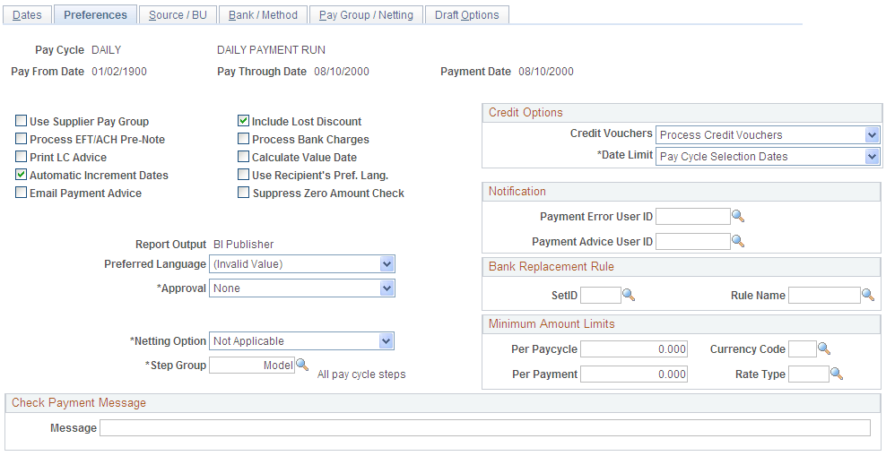 Payment Selection Criteria - Preferences page