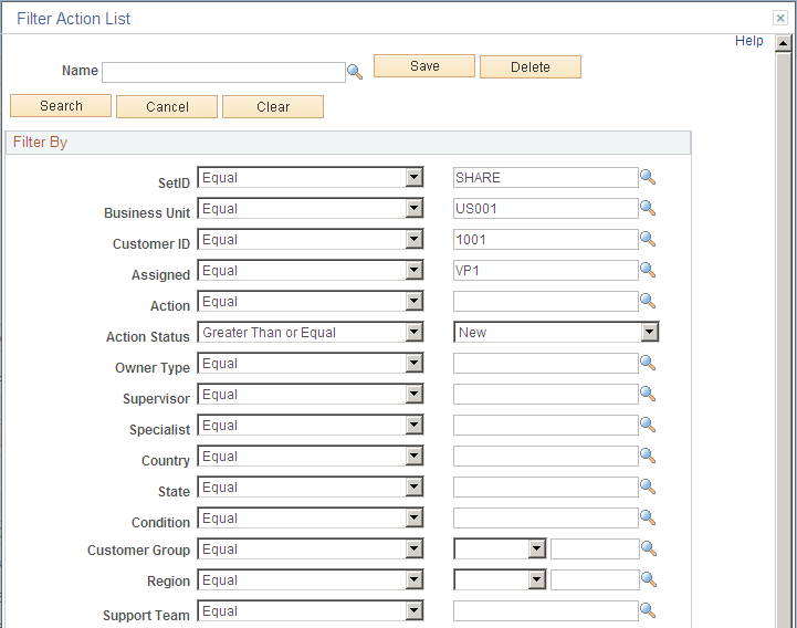 Filter Action List page (1 of 2)