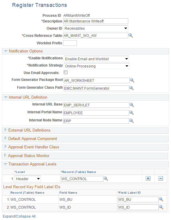 Example of Register Transactions page for AR Maintenance Write-Off processing