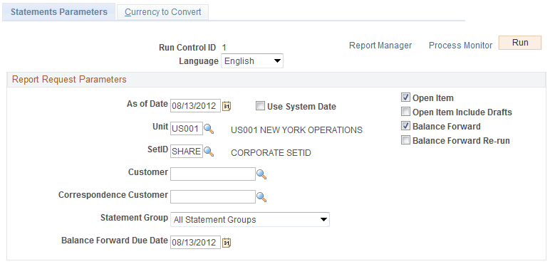 Statements Parameters page