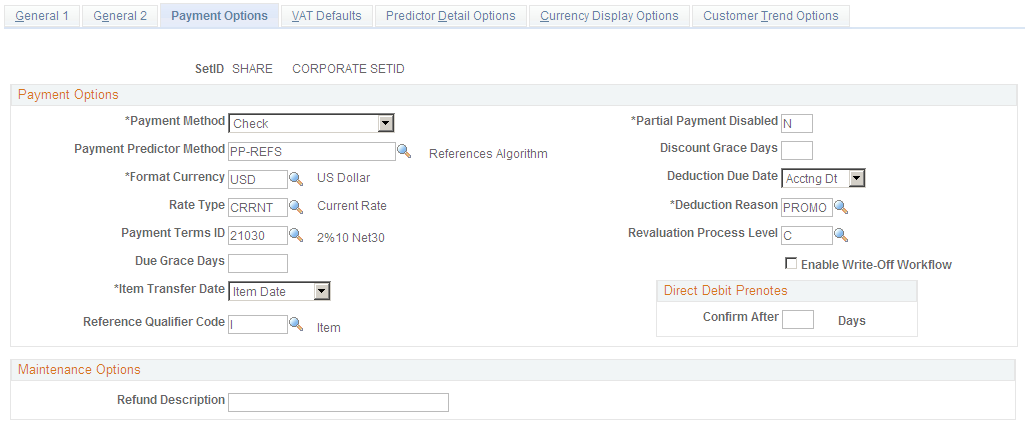 Receivables Options - Payment Options page
