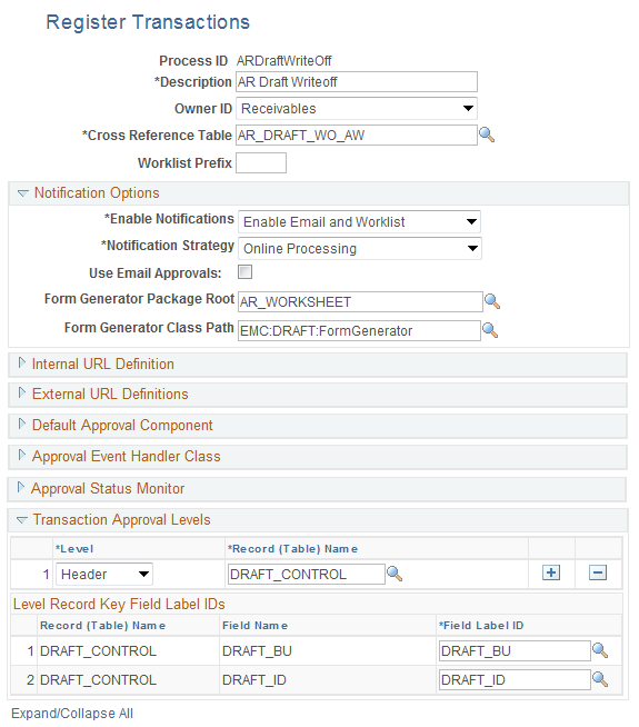 Example of Register Transactions page for AR Draft Write-Off processing