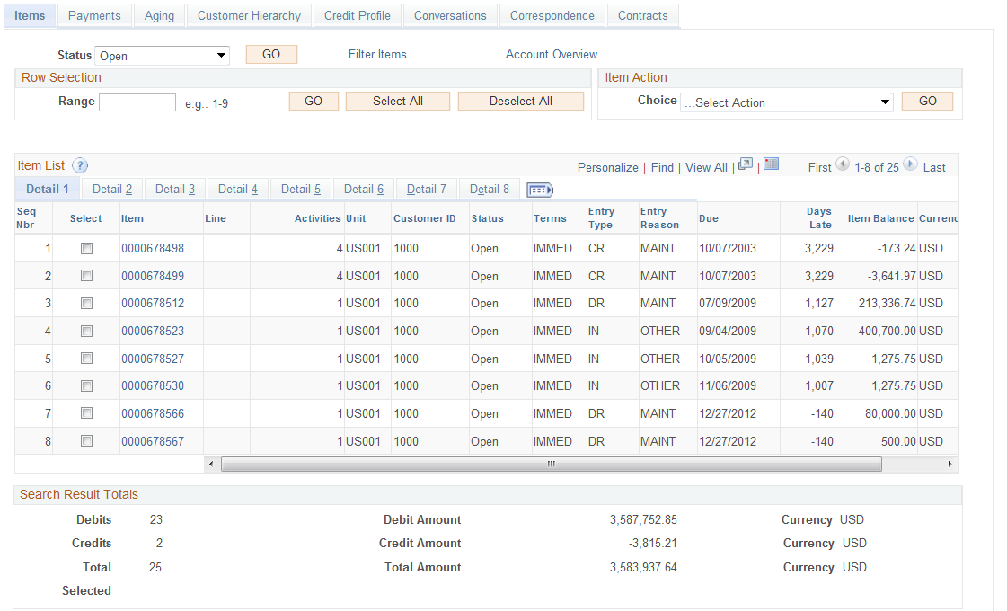 Items tab on the Collections Workbench page (Detail 1)