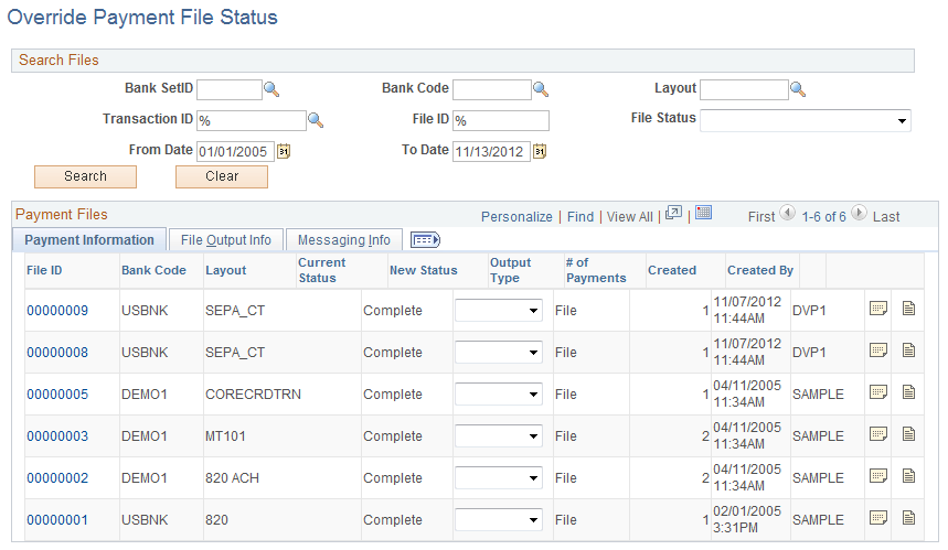 Override Payment File Status page