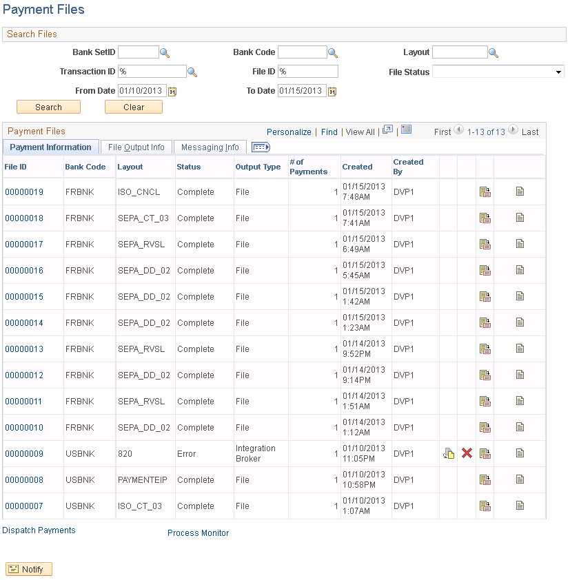 Payment Files page