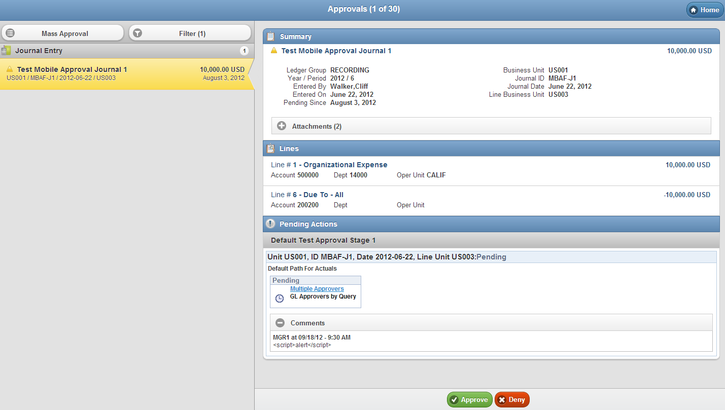 Approvals Transaction List page