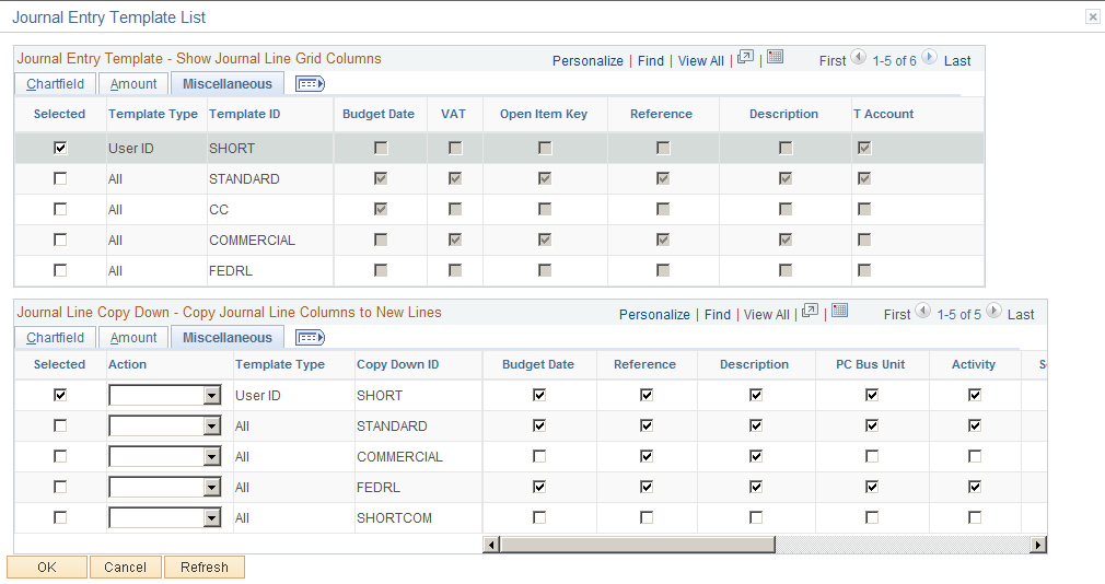 Journal Entry Template List page: Miscellaneous tab