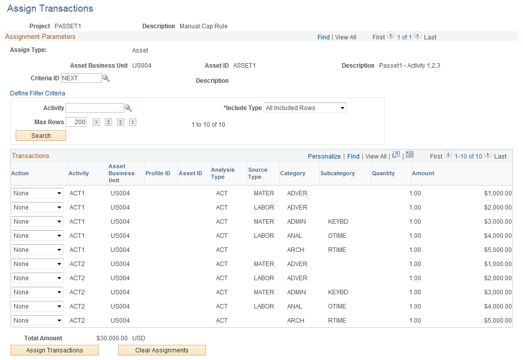 Assign Transactions page